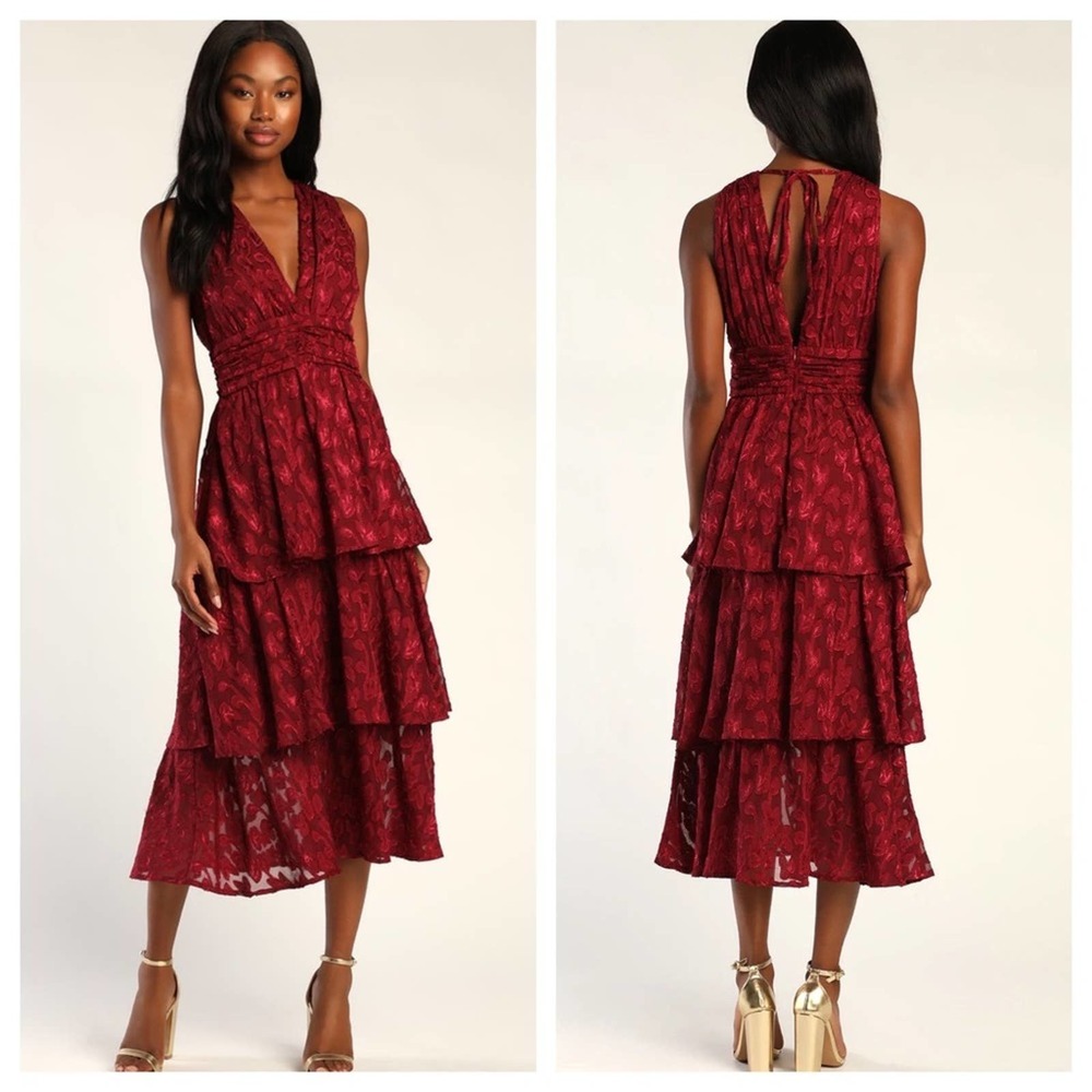 NEW Lulus Make It Mesmerizing Wine Red Jacquard Tiered Midi Dress Cocktail $95